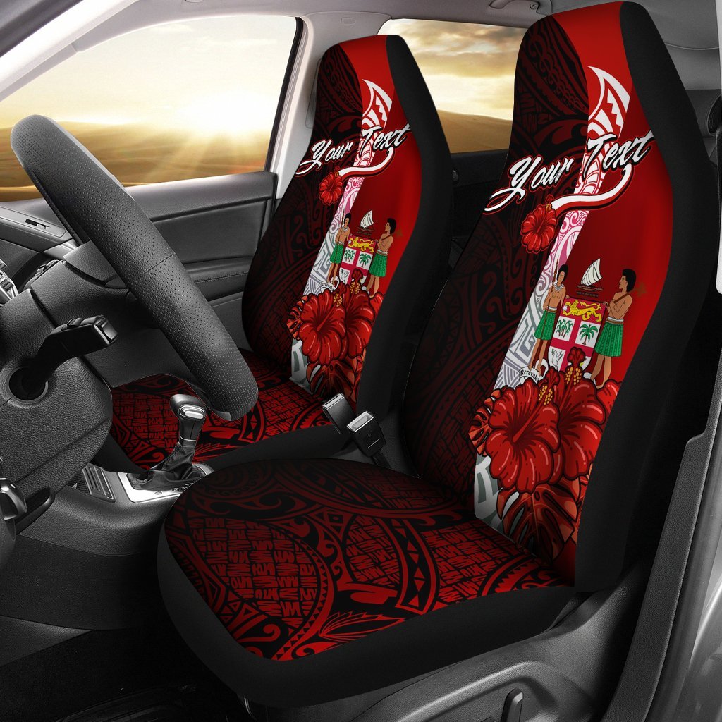 Fiji Polynesian Custom Personalised Car Seat Covers - Coat Of Arm With Hibiscus Universal Fit Red - Polynesian Pride