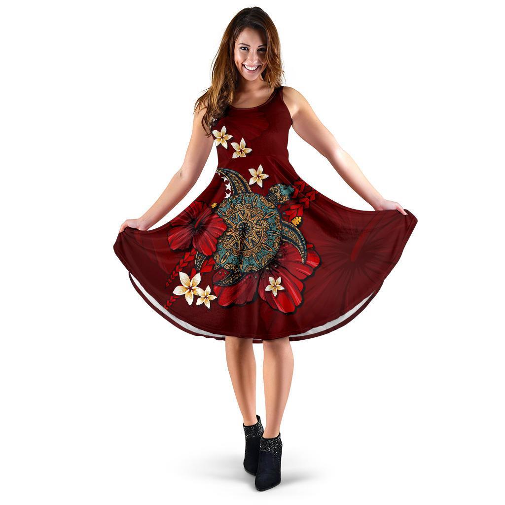 Cook Islands Dress - Red Turtle Tribal Midi Dress - . Red - Polynesian Pride