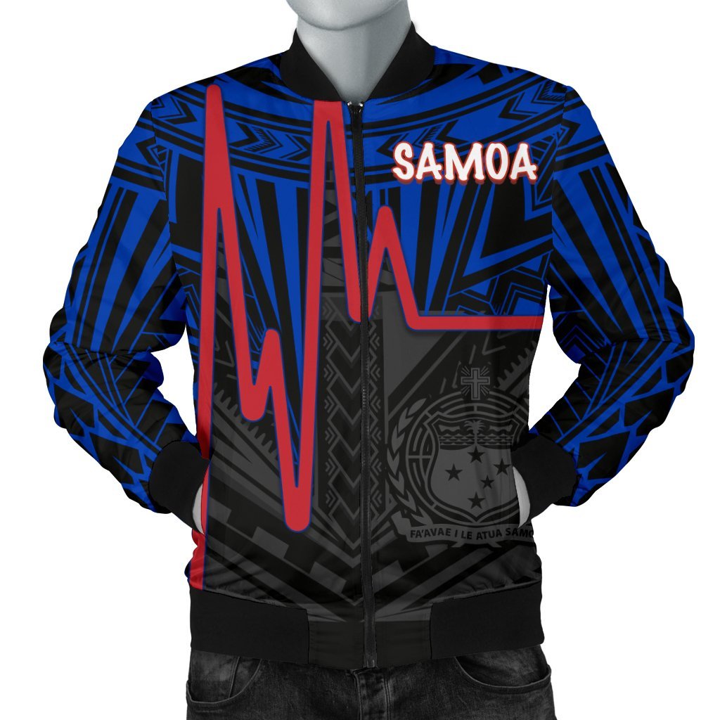 Samoa Men's Bomber Jacket - Samoa Seal With Polynesian Patterns In Heartbeat Style (Blue) Blue - Polynesian Pride