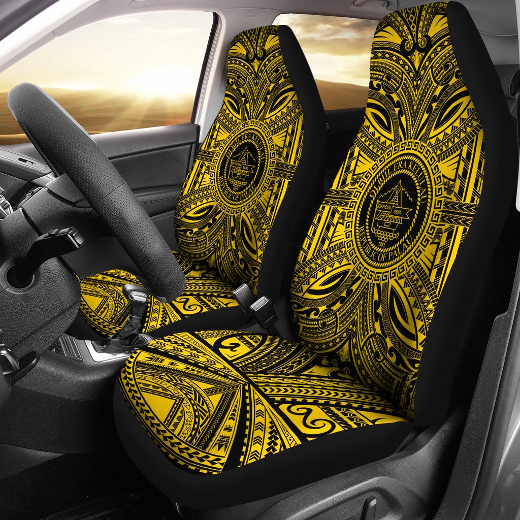 Palau Car Seat Cover - Palau Coat Of Arms Polynesian Gold Black Universal Fit Gold - Polynesian Pride