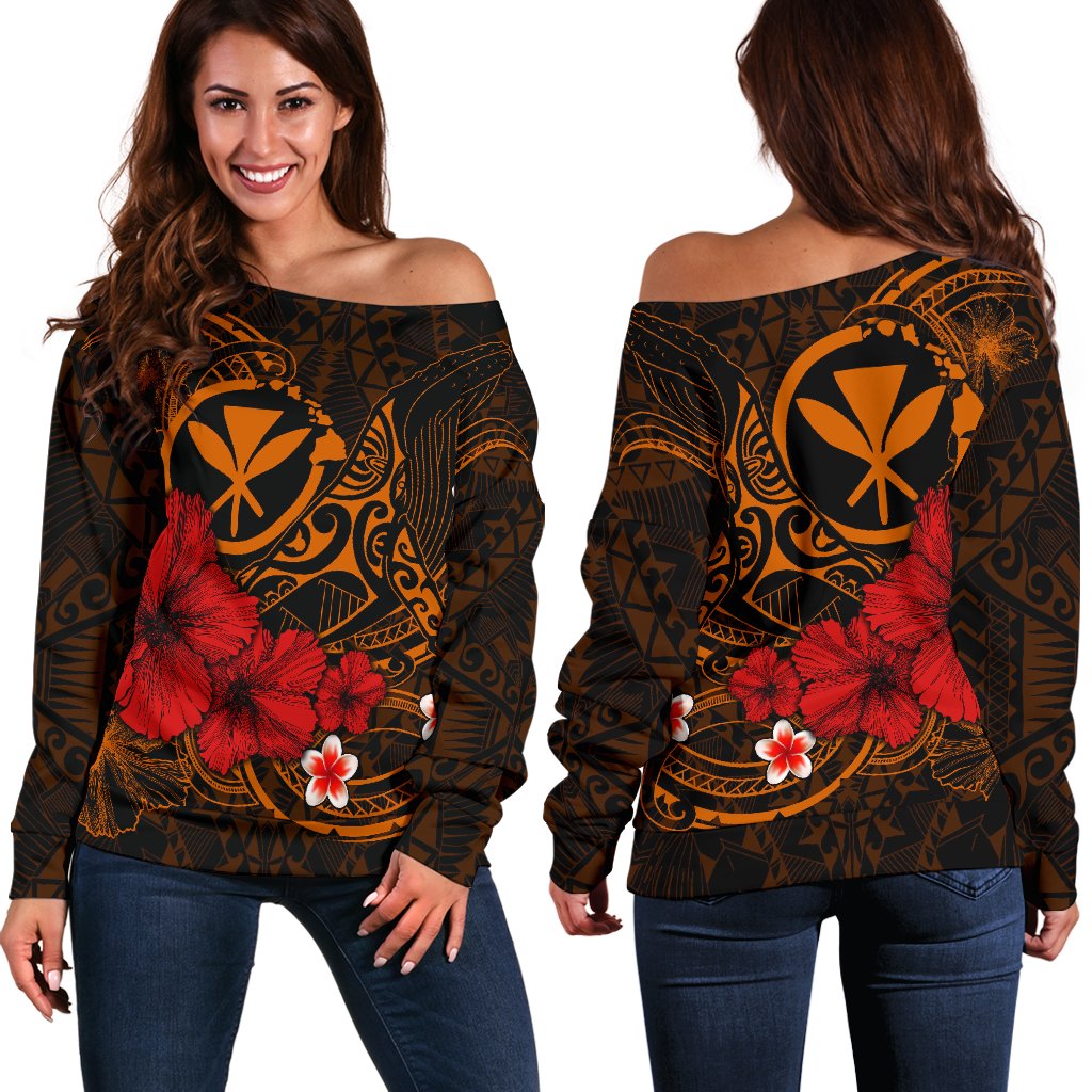 Polynesian Hawaii Kanaka Maoli Women's Off Shoulder Sweater - Humpback Whale with Hibiscus (Golden) Golden - Polynesian Pride