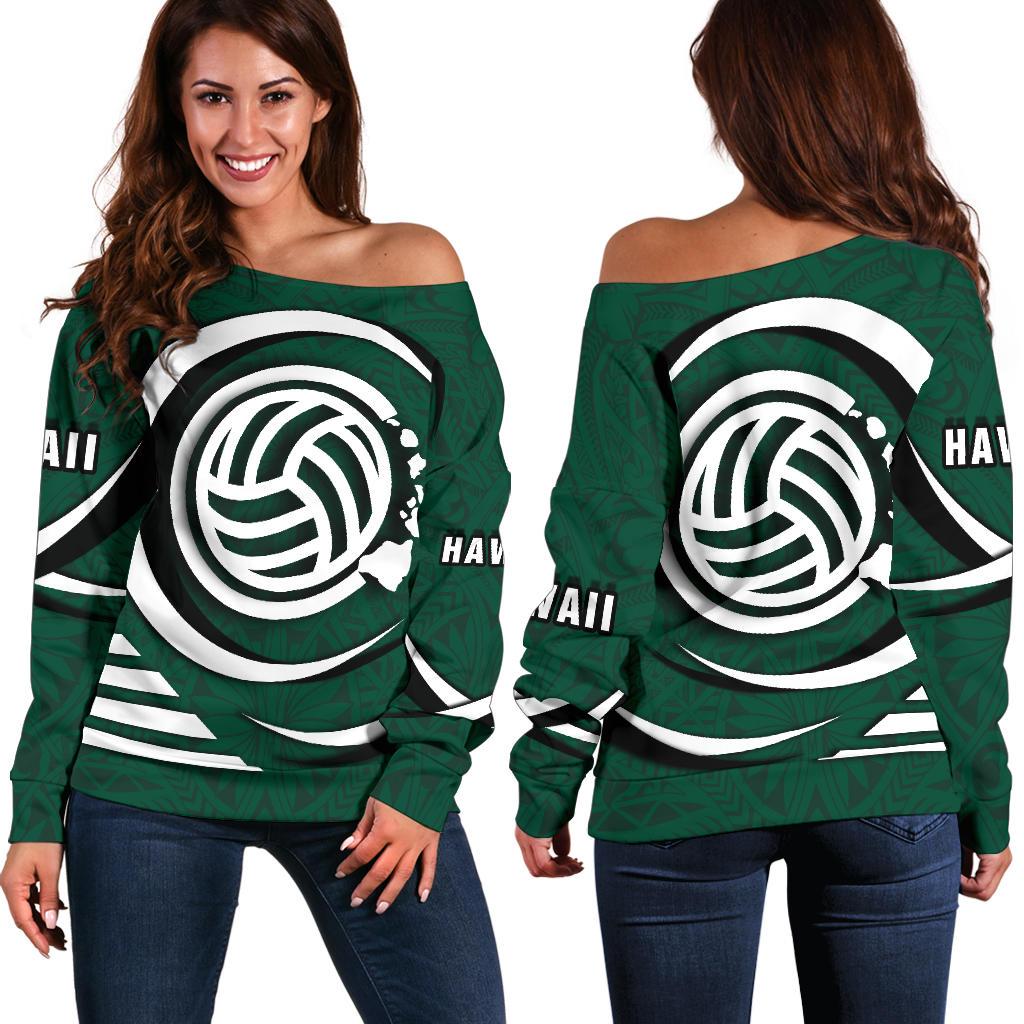 Polynesian Hawaii Women's Off Shoulder Sweater - Volleyball Hawaii Map Green - Polynesian Pride