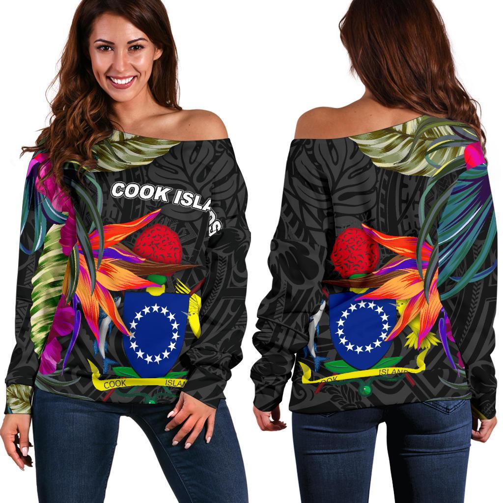 Cook Islands Women's Off Shoulder Sweater - Polynesian Hibiscus Pattern Black - Polynesian Pride