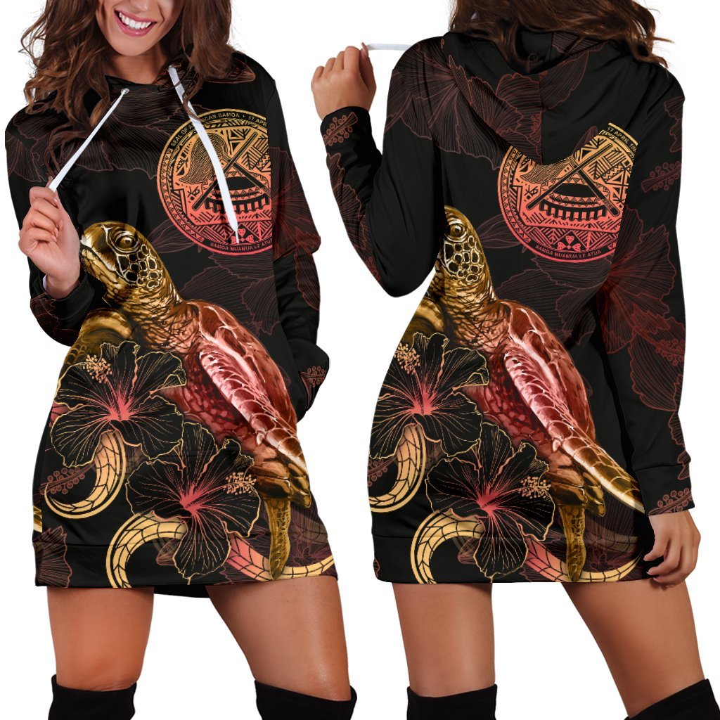 American Samoa Polynesian Hoodie Dress - Turtle With Blooming Hibiscus Gold Gold - Polynesian Pride