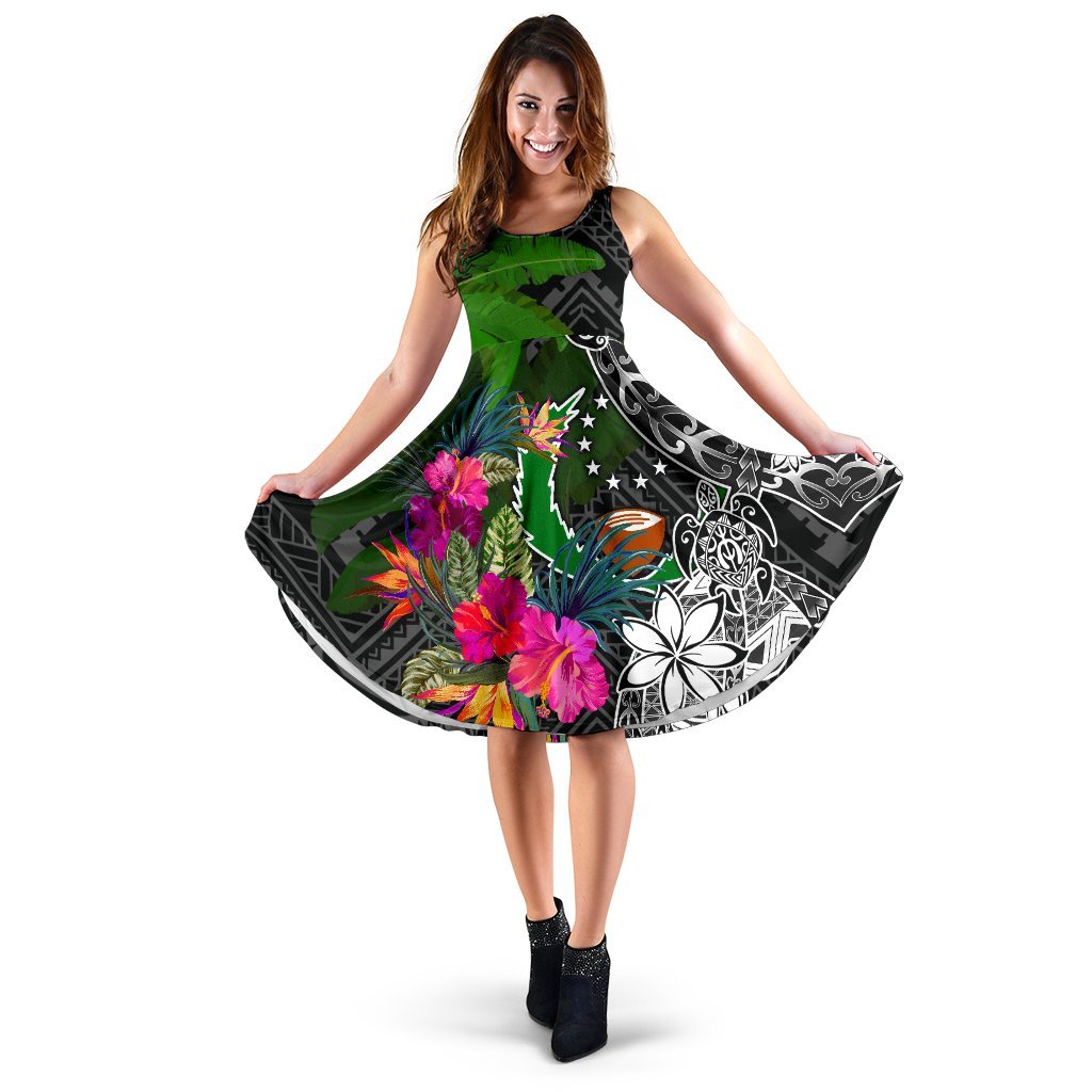 Pohnpei Midi Dress - Turtle Plumeria Banana Leaf Women Black - Polynesian Pride