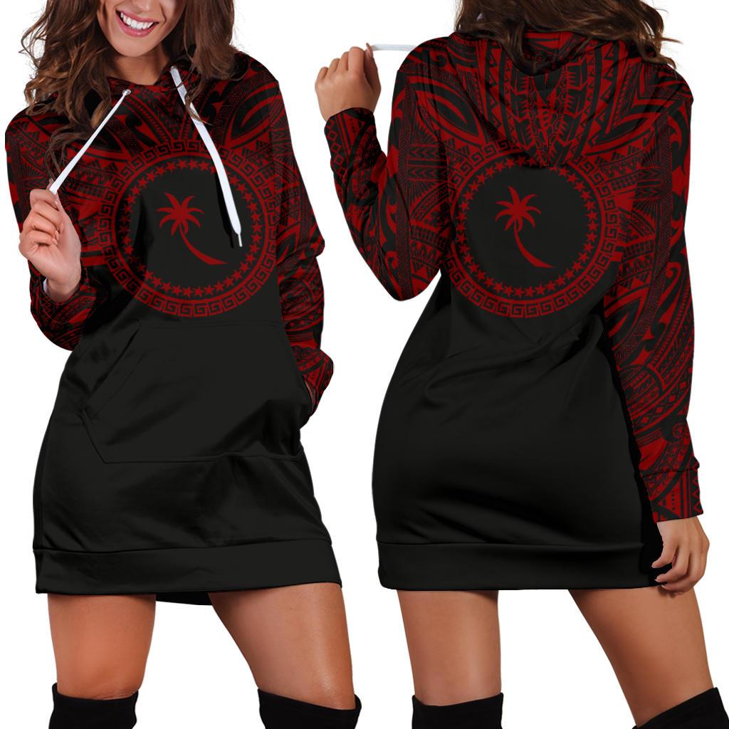 Chuuk Women Hoodie Dress - Chuuk Coat Of Arms Polynesian Red Black Red - Polynesian Pride