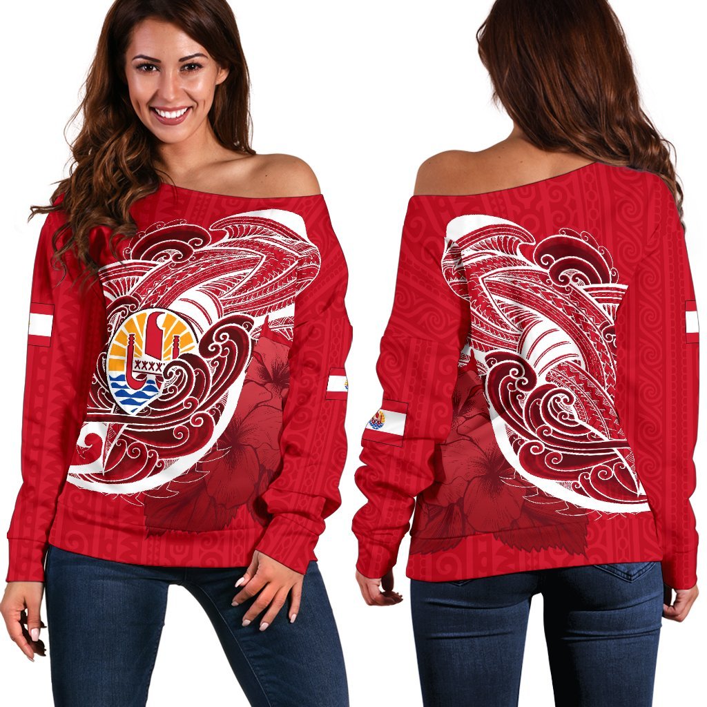 Tahiti Women'S Off Shoulder Sweater Shark Coat Of Arms Red - Polynesian Pride