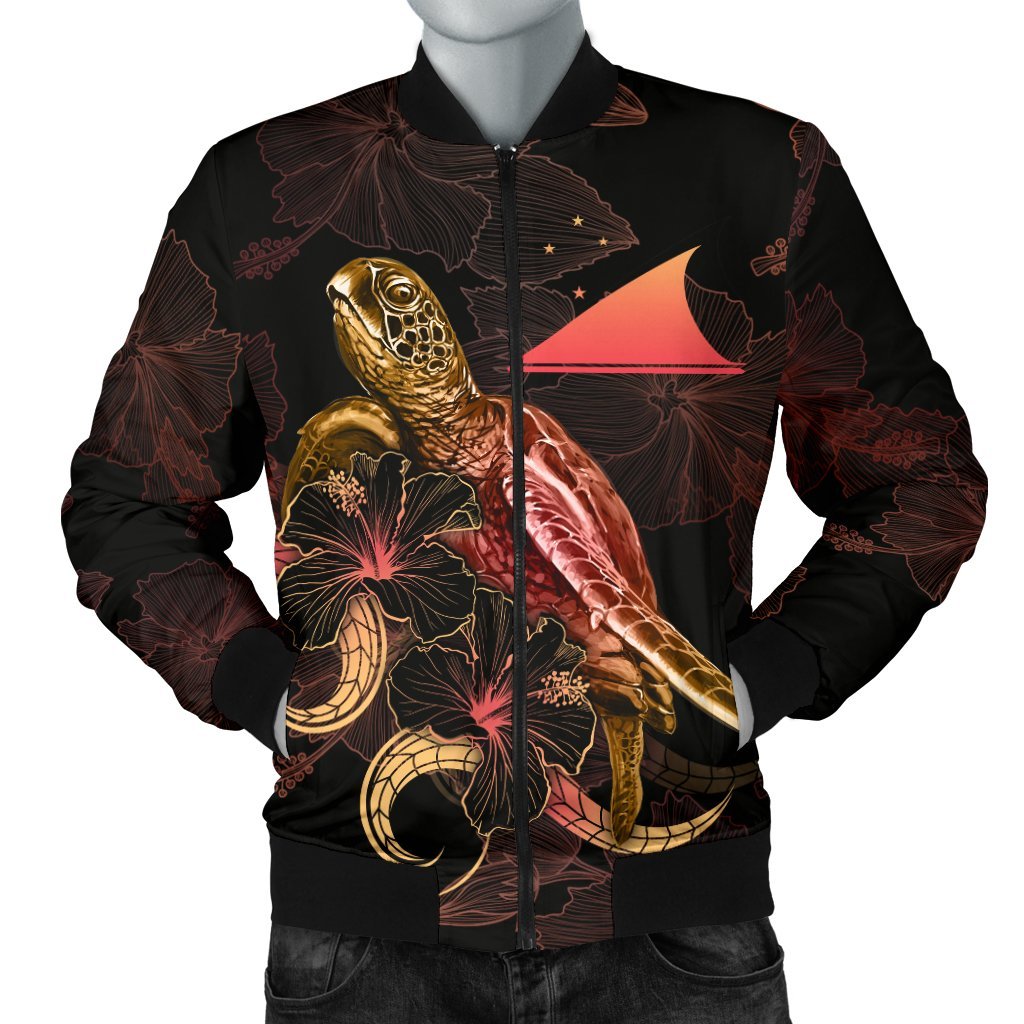 Tokelau Polynesian Men's Bomber Jacket - Turtle With Blooming Hibiscus Gold Gold - Polynesian Pride