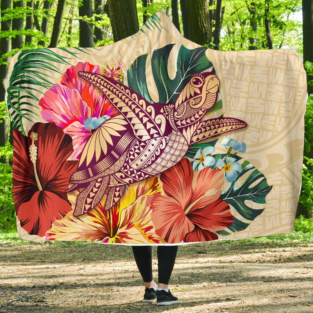 Hawaii Tropical Hibiscus Plumeria Turtle Beige Hooded Blanket Hooded Blanket Beige - Polynesian Pride