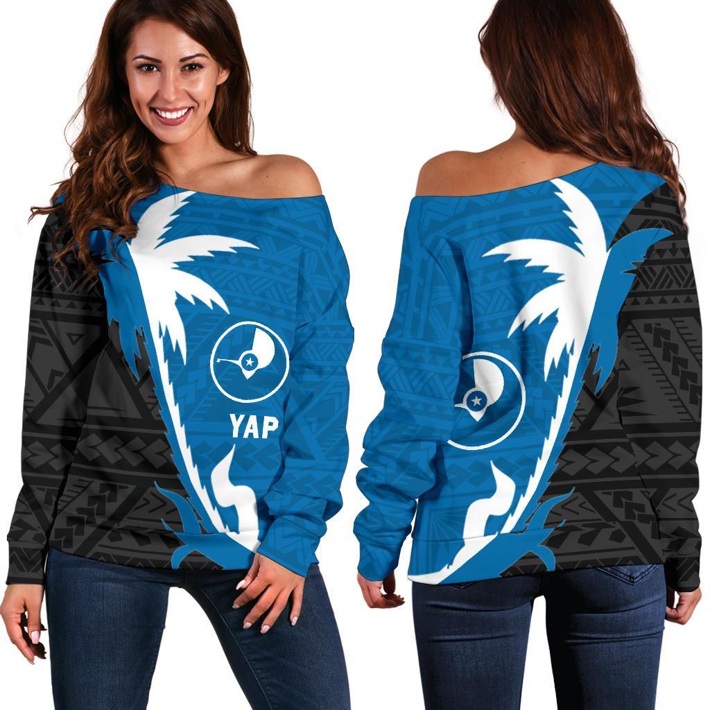 Yap Coconut Tree Off Shoulder Sweater K4 Blue - Polynesian Pride