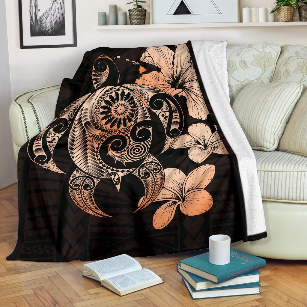 Hibiscus Plumeria Mix Polynesian Orange Turtle Premium Blanket White - Polynesian Pride