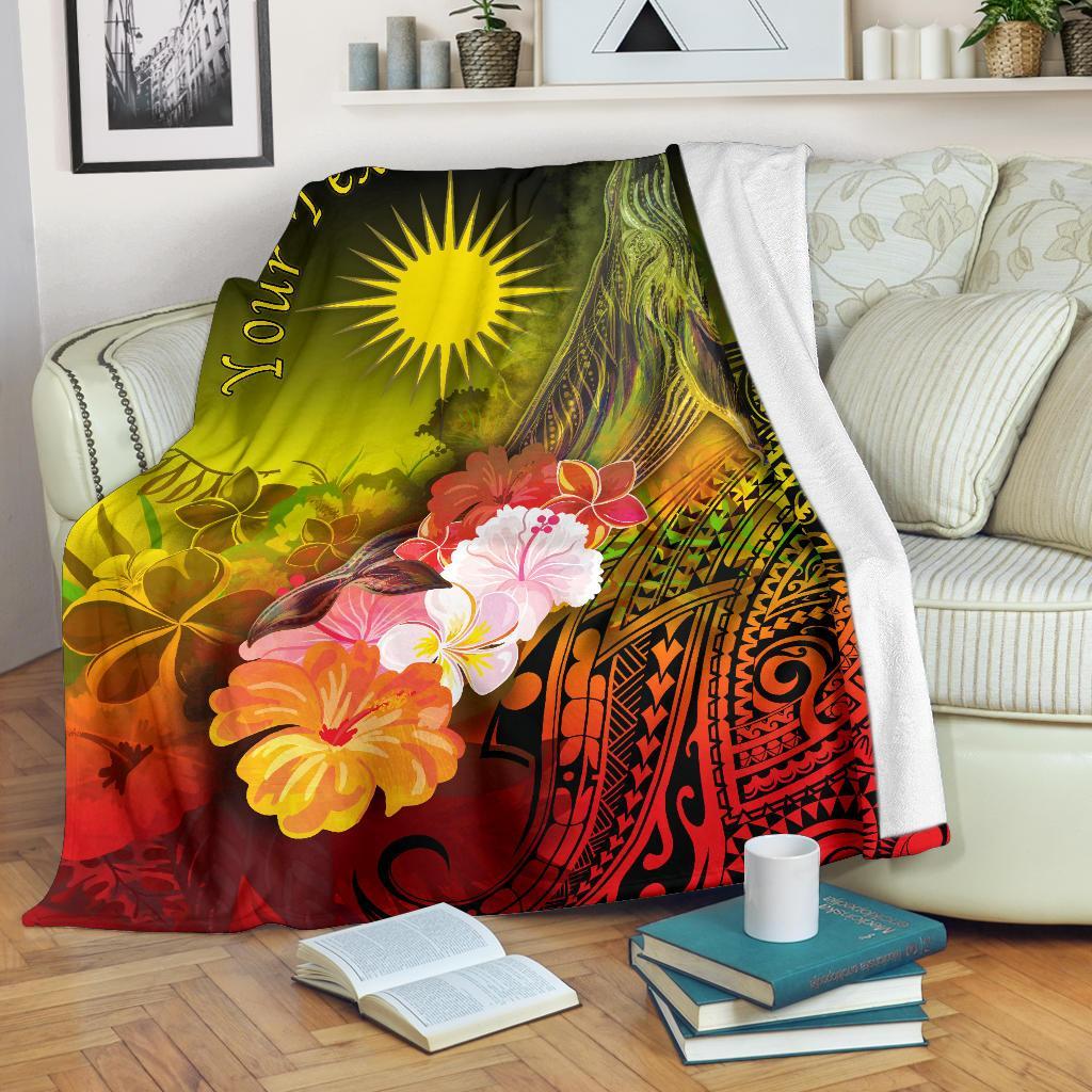 Marshall Islands Custom Personalised Premium Blanket - Humpback Whale with Tropical Flowers (Yellow) White - Polynesian Pride