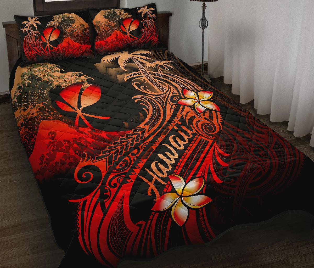 Hawaii Polynesian Quilt Bed Set - Plumeria Flowers And Waves Red - Polynesian Pride