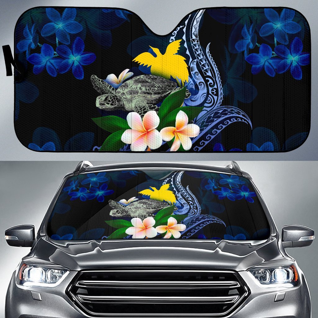 Polynesian Papua New Guinea Sun Shades - Turtle With Plumeria Flowers Auto Sun Shade Universal Fit Blue - Polynesian Pride