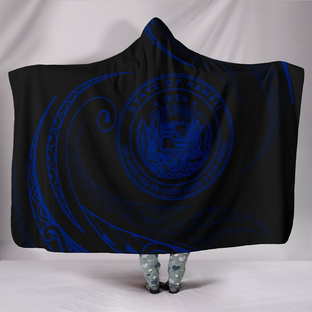 Hawaii Coat Of Arms Hooded Blanket - Blue - Frida Style Hooded Blanket Black - Polynesian Pride