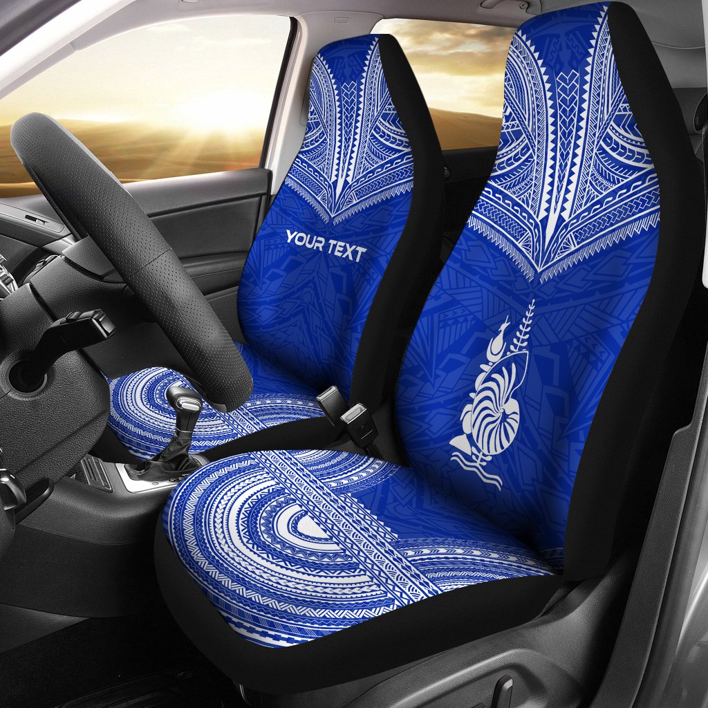 New Caledonia Custom Personalised Car Seat Cover - New Caledonia Coat Of Arms Polynesian Chief Tattoo Blue Version Universal Fit Blue - Polynesian Pride