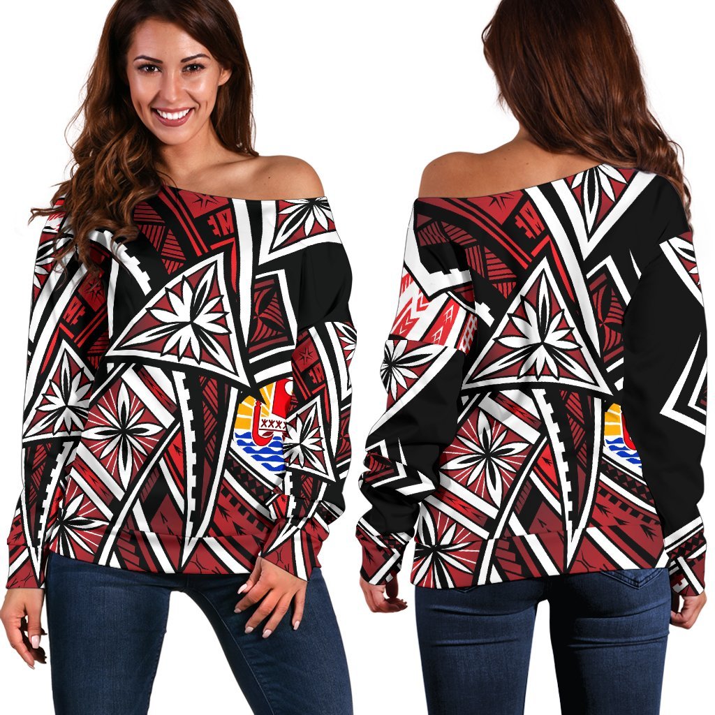 Tahiti Women's Off Shoulder Sweaters - Tribal Flower Special Pattern Red Color Red - Polynesian Pride