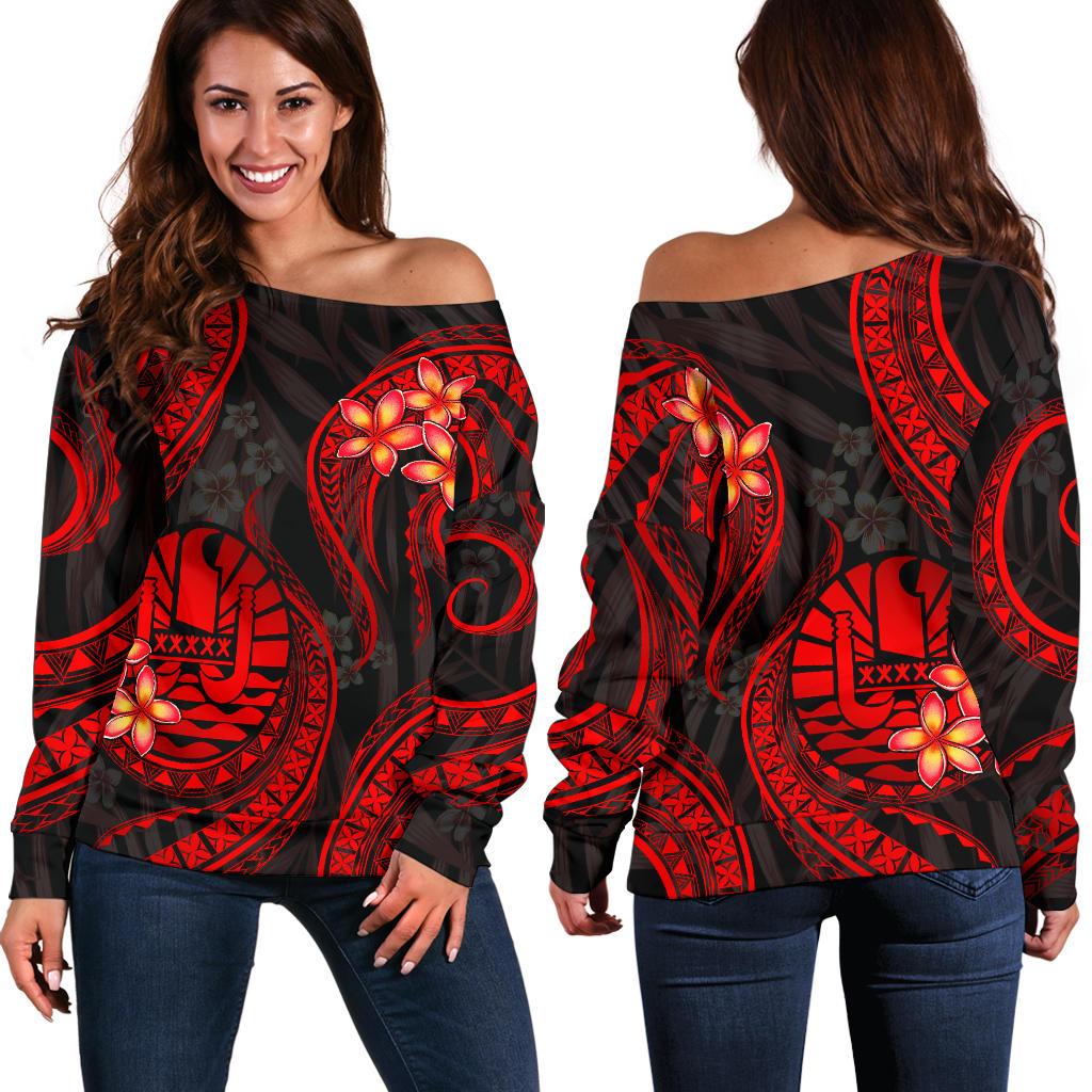 Tahiti Polynesian Off Shoulder Sweater - Red Plumeria RED - Polynesian Pride