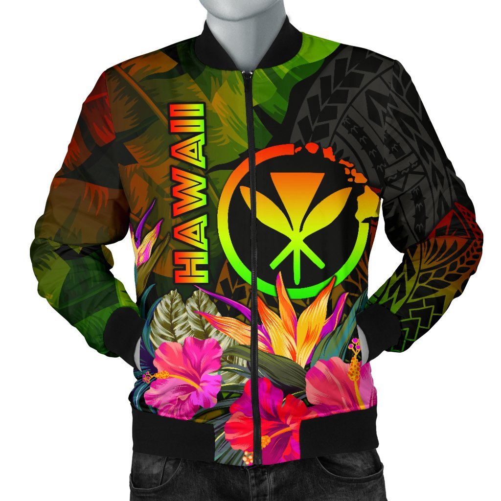 Polynesian Hawaii Kanaka Maoli Polynesian Men's Bomber Jacket - Hibiscus and Banana Leaves Reggae - Polynesian Pride