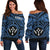 Kosrae Women's Off Shoulder Sweater - Kosrae Flag In Polynesian Tattoo Style (Blue) - Polynesian Pride