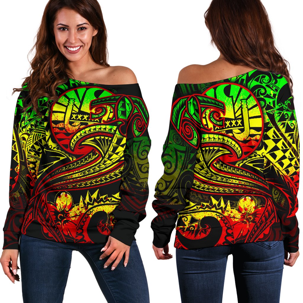 Tahiti Women's Off Shoulder Sweater - Reggae Shark Polynesian Tattoo Art - Polynesian Pride