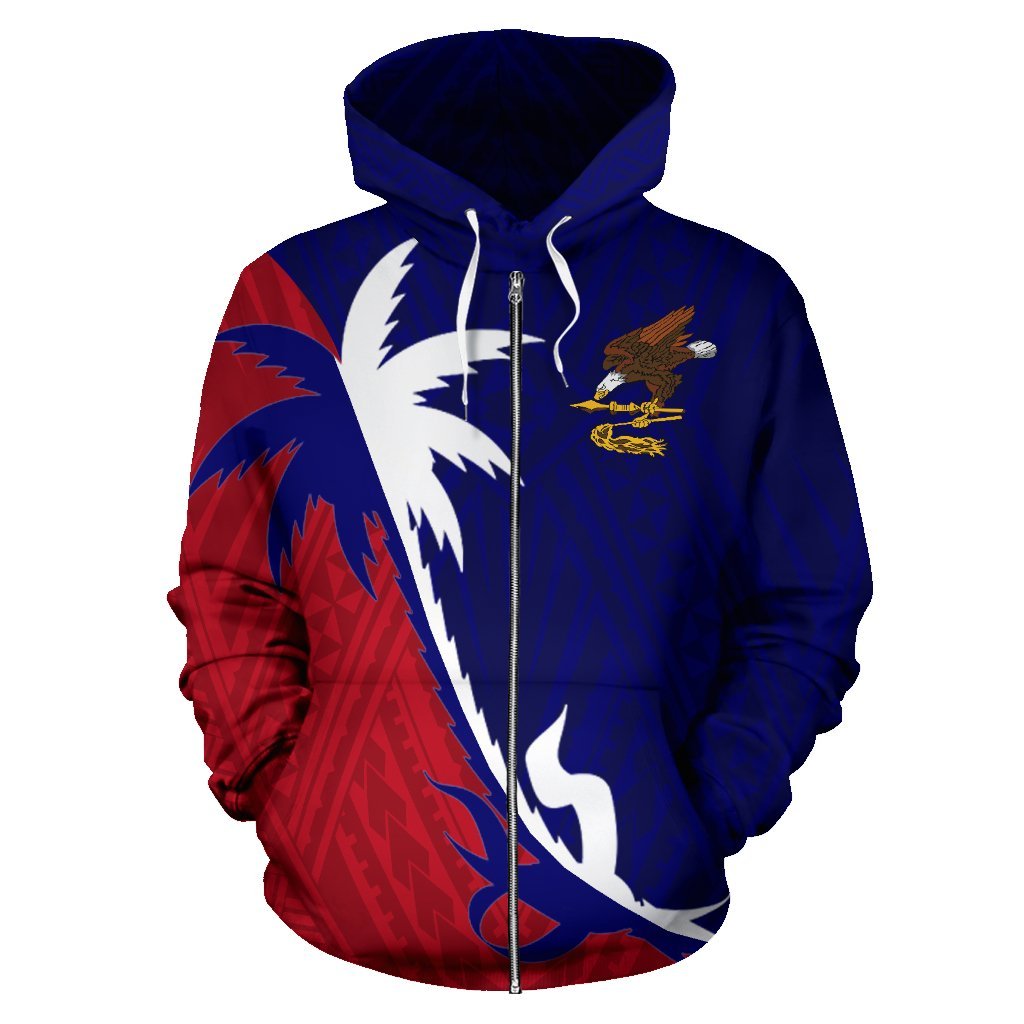 American Samoa Coconut Tree Zip up Hoodie Unisex Blue Red - Polynesian Pride