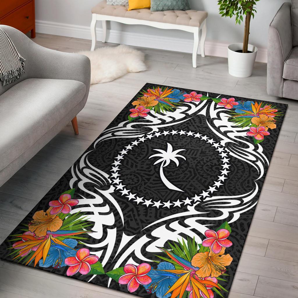 Chuuk State Area Rug - Coat OfArmsWith Tropical Flowers Black - Polynesian Pride