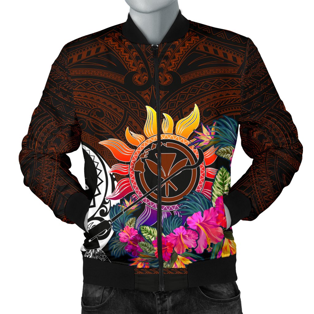 Polynesian Men's Bomber Jackets - Hawaii Kanaka Maoli & Hibiscus Flowers With Polynesian Patterns Brown - Polynesian Pride