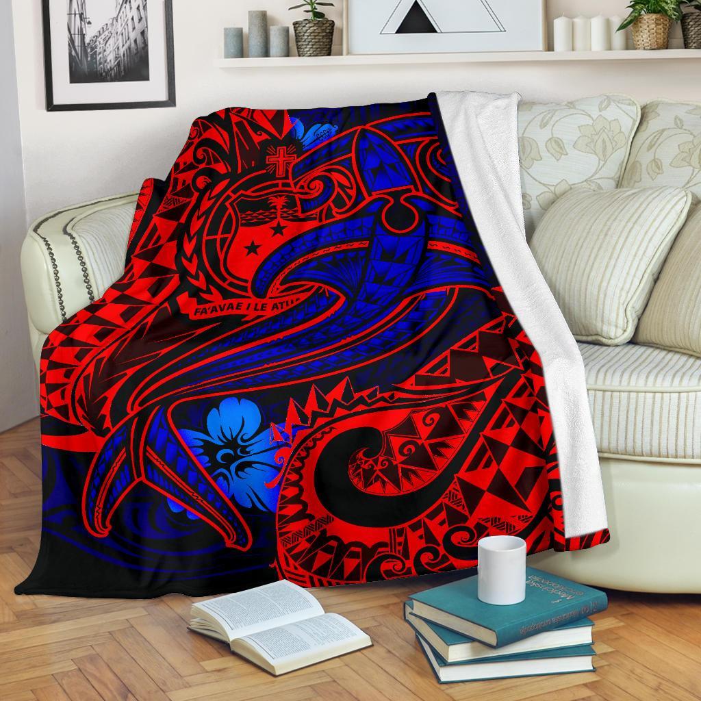 Samoa Premium Blanket - Blue Shark Polynesian Tattoo White - Polynesian Pride