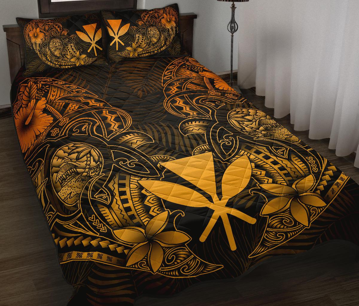 Polynesian Hawaii (Kanaka Maoli) Quilt Bed Set - Gold Turtle Homeland GOLD - Polynesian Pride