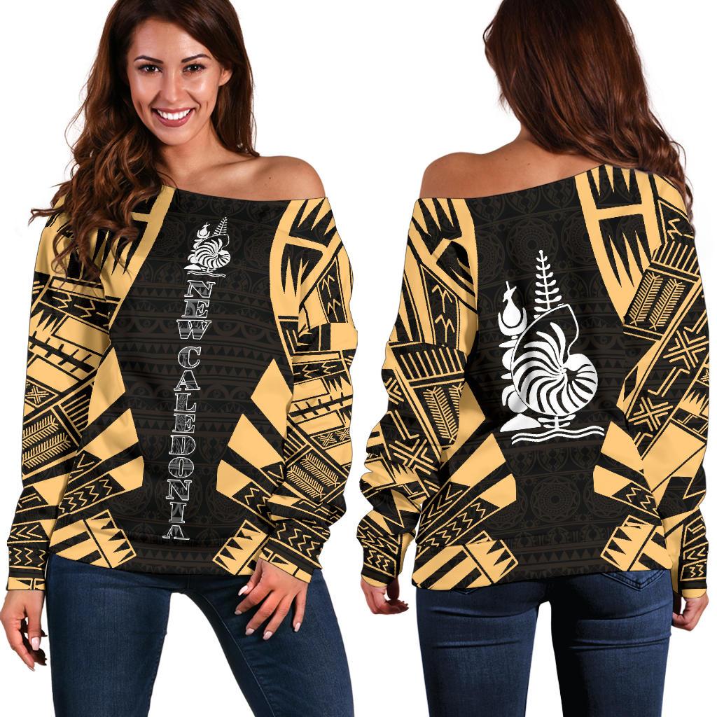 New Caledonia Women's Off Shoulder Sweater - Polynesian Tattoo Gold Gold - Polynesian Pride