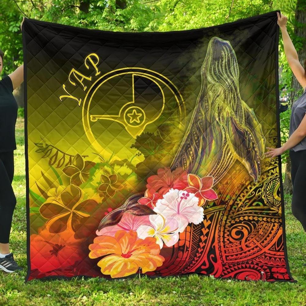 Yap Premium Quilt - Humpback Whale with Tropical Flowers (Yellow) Yellow - Polynesian Pride