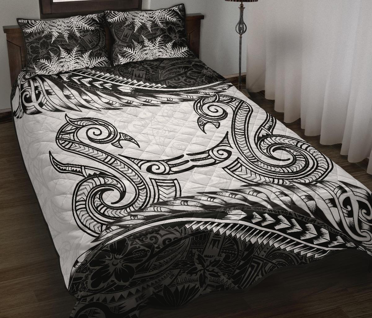 Aotearoa Quilt Bed Set Maori Manaia With Silver Fern Black - Polynesian Pride