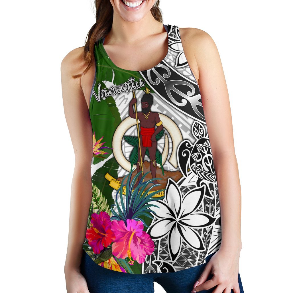 Vanuatu Women's Racerback Tank White - Turtle Plumeria Banana Leaf - Polynesian Pride