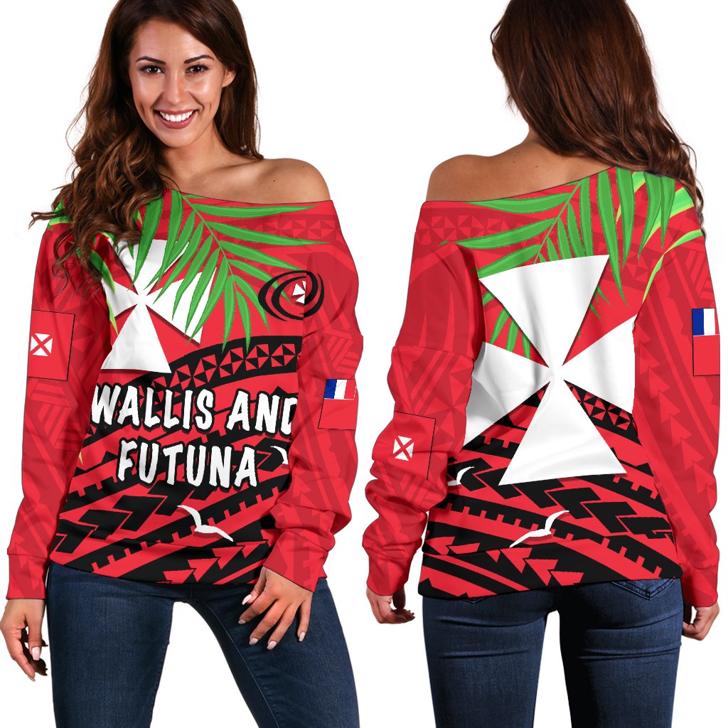 Wallis and Futuna Rugby Off Shoulder Sweater Coconut Leaves Red - Polynesian Pride