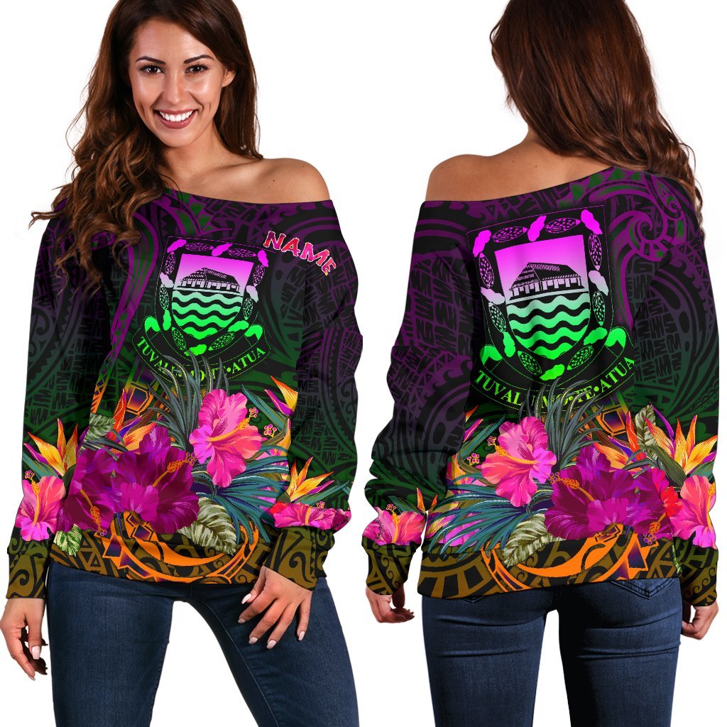 Tuvalu Personalised Women's Off Shoulder Sweater - Summer Hibiscus Art - Polynesian Pride