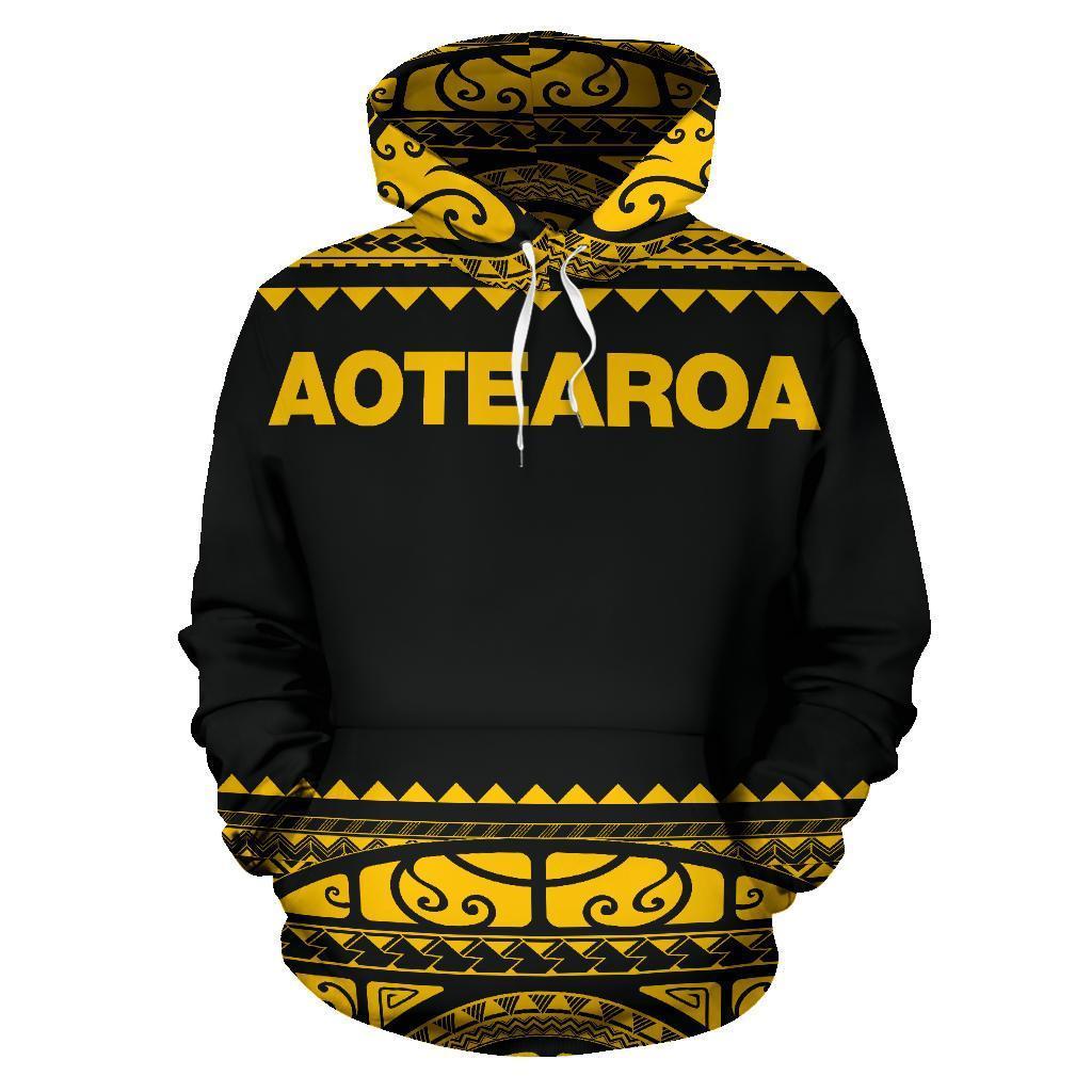 New Zealand Maori Hoodie, Aotearoa Silver Fern Pullover Hoodie Yellow Unisex Black - Polynesian Pride