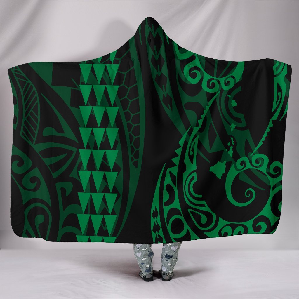 Hawaii Kakau Green Polynesian Hooded Blanket Hooded Blanket Green - Polynesian Pride