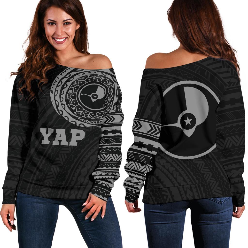 Yap in My Heart Tattoo Style Off Shoulder Sweater Gray A7 Black - Polynesian Pride