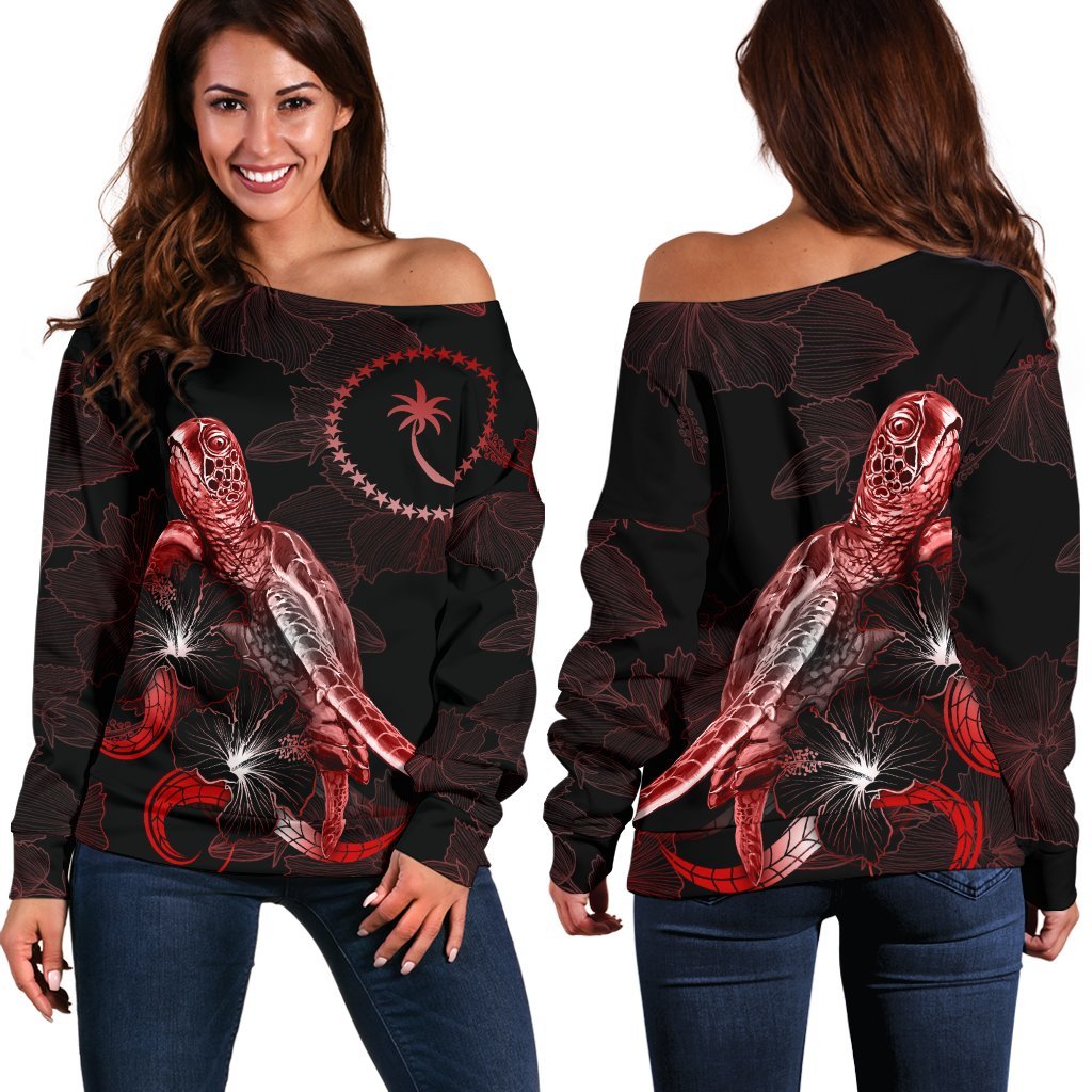 Chuuk Polynesian Women's Off Shoulder Sweater - Turtle With Blooming Hibiscus Red Red - Polynesian Pride