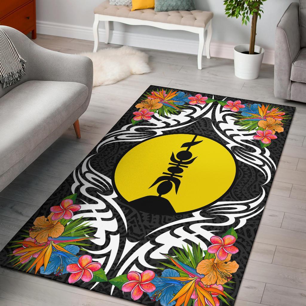 New Caledonia Area Rug - Coat OfArmsWith Tropical Flowers Black - Polynesian Pride