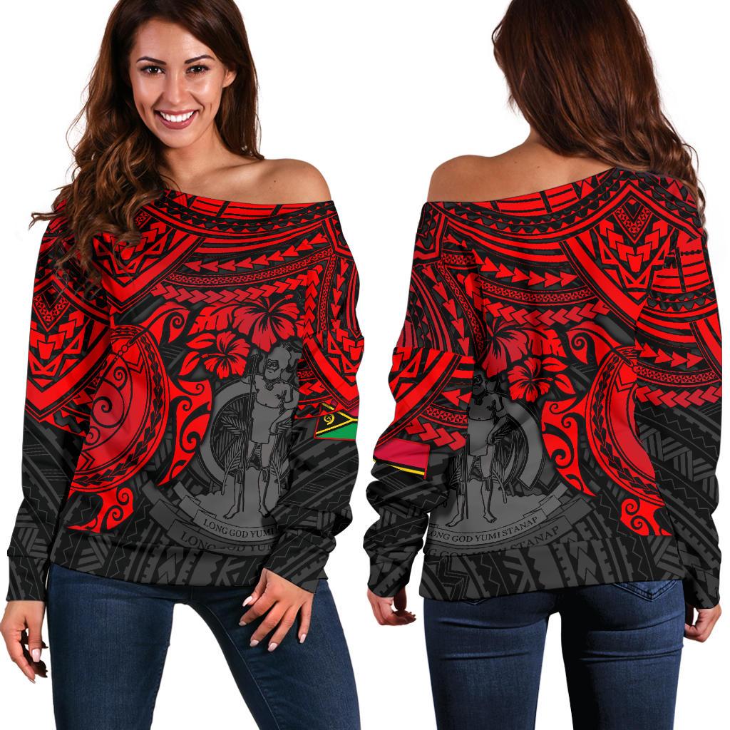 Vanuatu Polynesian Women's Off Shoulder Sweater - Red Turtle RED - Polynesian Pride