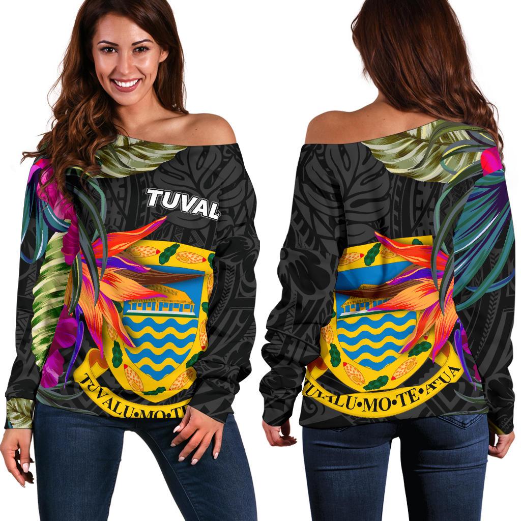 Tuvalu Women's Off Shoulder Sweater - Hibiscus Polynesian Pattern Black - Polynesian Pride