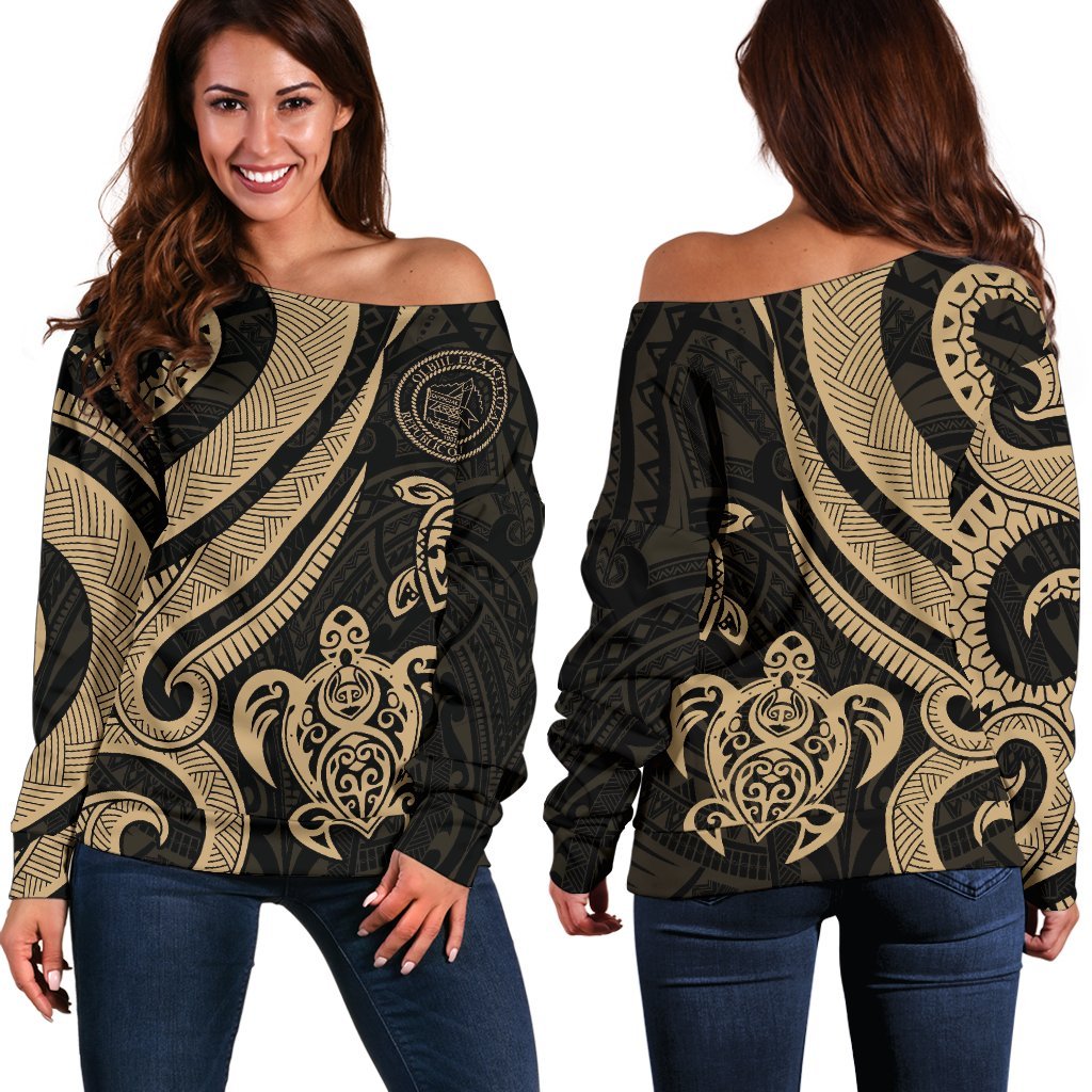 Palau Women's Off Shoulder Sweater - Gold Tentacle Turtle Gold - Polynesian Pride