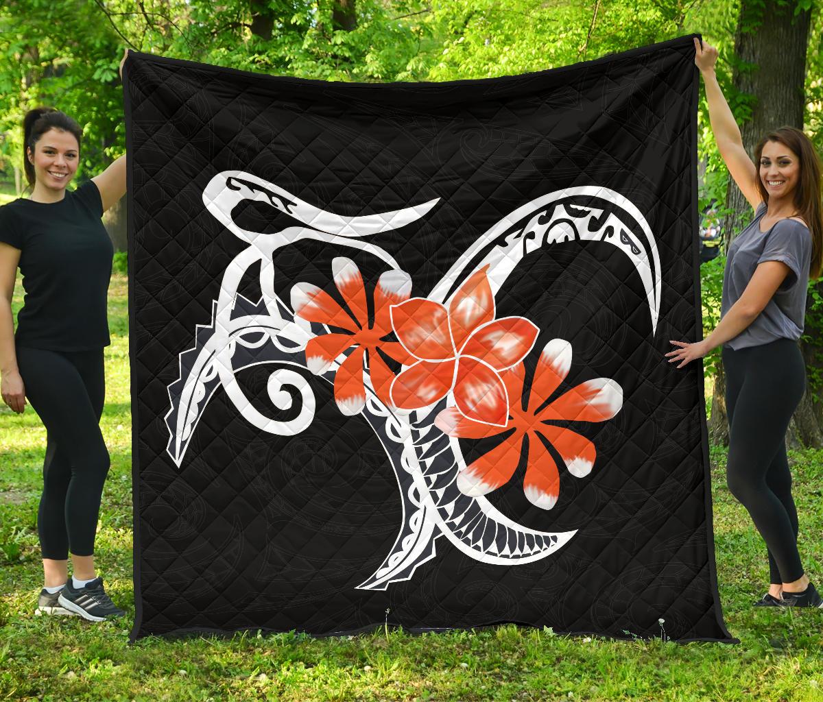 Plumeria Polynesia Orange Premium Quilt Black - Polynesian Pride