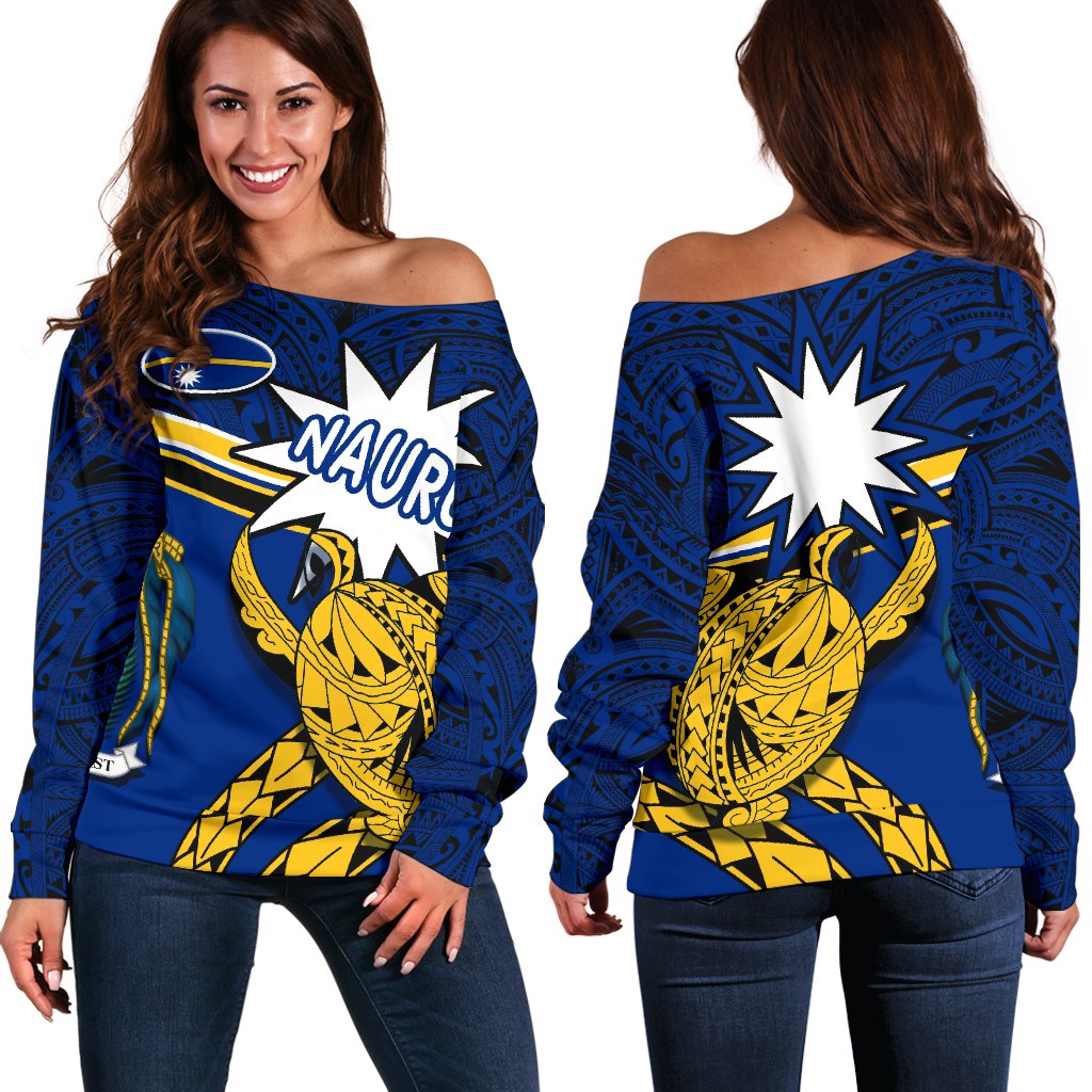 Nauru Rugby Off Shoulder Sweater Version Turtle Polynesian Blue - Polynesian Pride