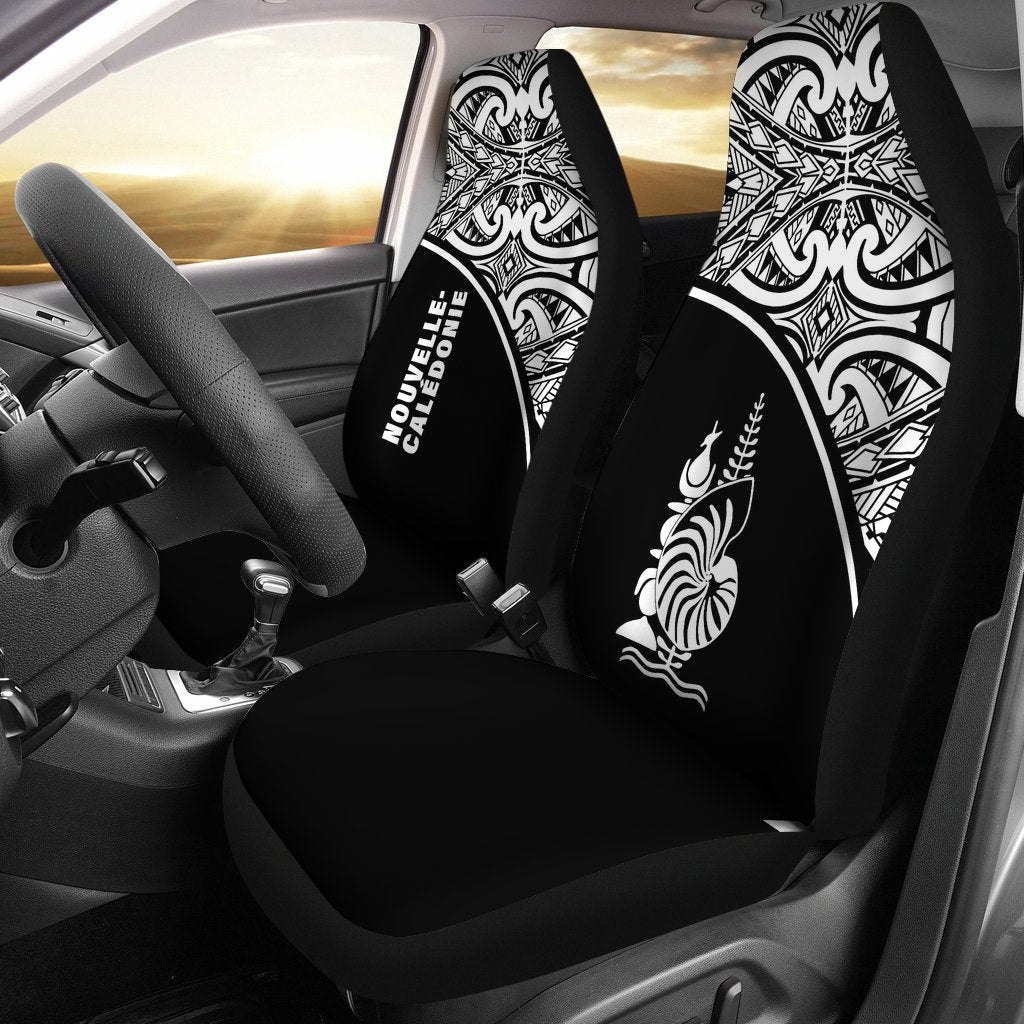 New Caledonia Car Seat Covers - New Caledonia Coat Of Arms Polynesian White Curve Universal Fit Black - Polynesian Pride