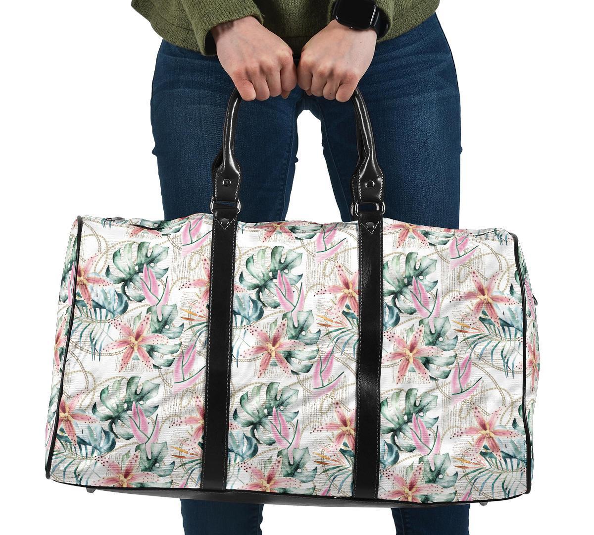 Tropical Pattern With Orchids Leaves And Gold Chains Hawaii Travel Bag Travel Bag One size Black - Polynesian Pride