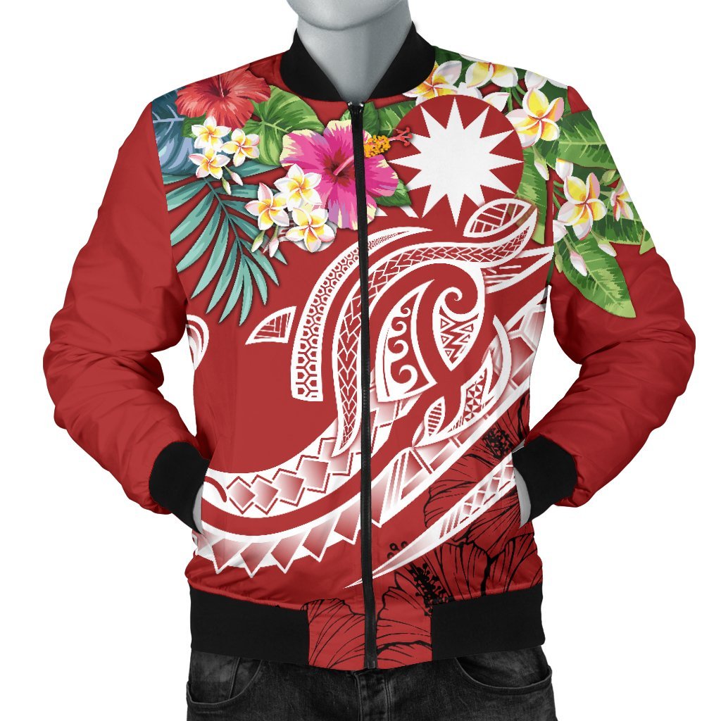 Nauru Polynesian Men's Bomber Jacket - Summer Plumeria (Red) Red - Polynesian Pride