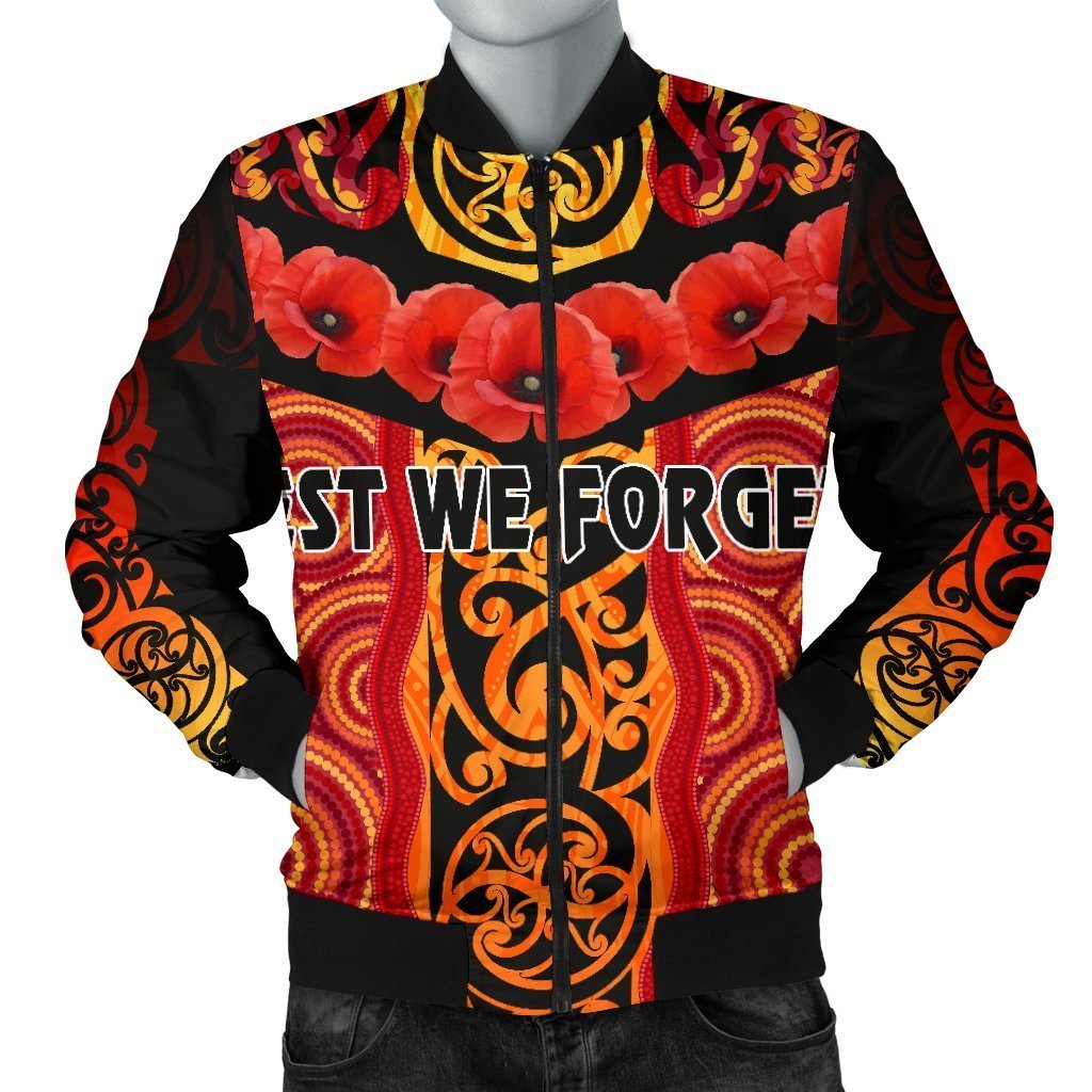 Anzac Lest We Forget Poppy Men Bomber Jacket New Zealand Maori Silver Fern - Australia Aboriginal Art - Polynesian Pride